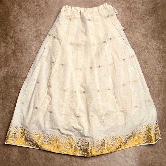 Vintage Y2K Cream Gold Geometric Paisley Print Maxi Skirt Drawstring Bohemian - Picture 7 of 8